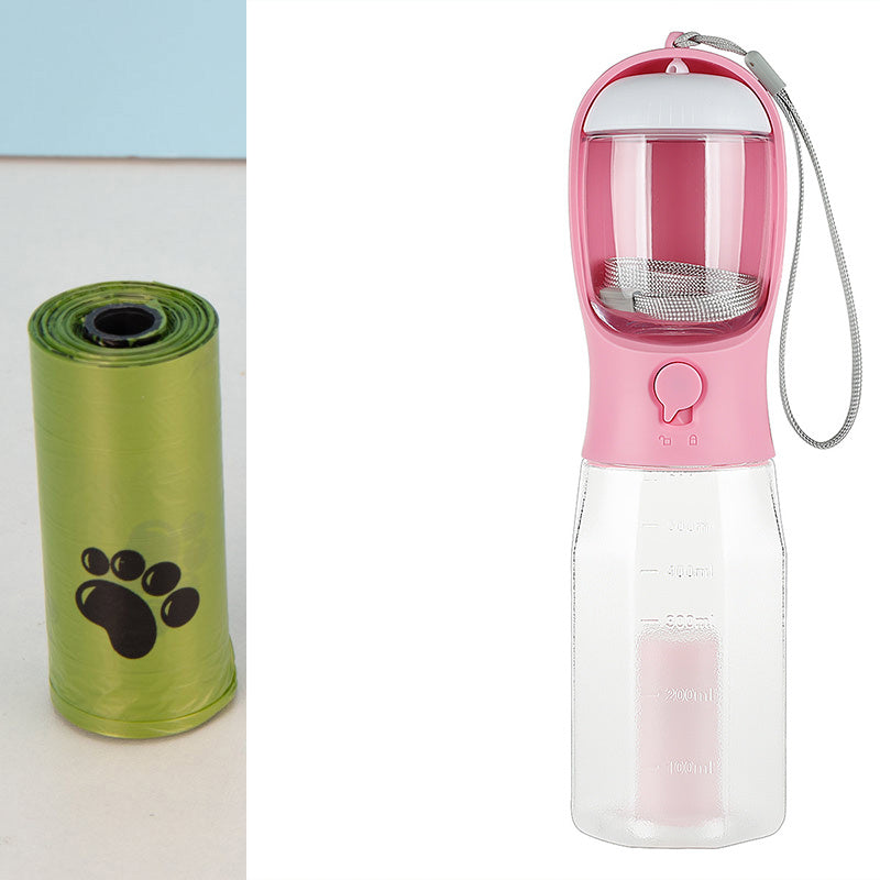 Portable Cat Dog Water Bottle Food Feeder Drinker Poop Dispenser 3 In 1