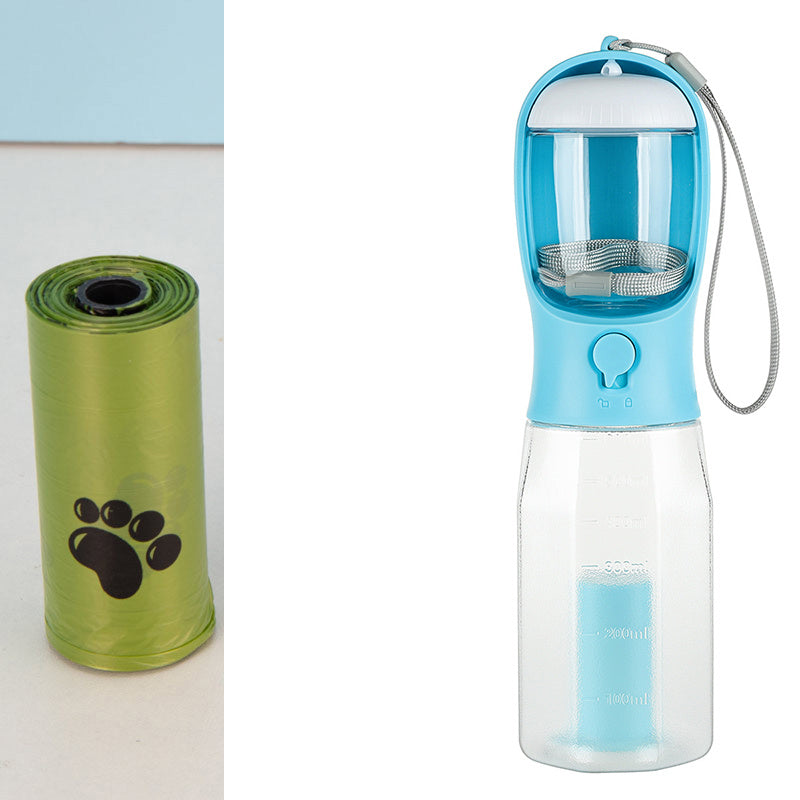 Portable Cat Dog Water Bottle Food Feeder Drinker Poop Dispenser 3 In 1